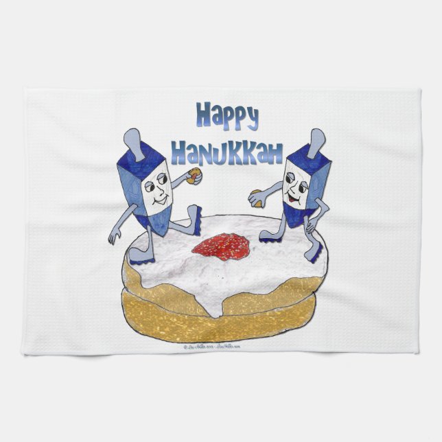 Judaica Lycklig Hanukkah Dancing Dreidels Doughnut Kökshandduk (Horisontell)