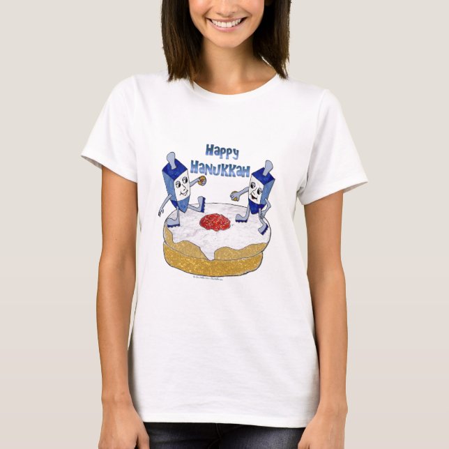 Judaica Lycklig Hanukkah Dancing Dreidels Doughnut Tee Shirt (Framsida)