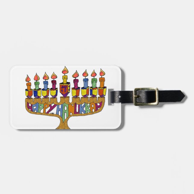 Judaica Lycklig Hanukkah Dreidel Menorah Bagagebricka (Horisontell Framsida)