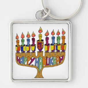 Judaica Lycklig Hanukkah Dreidel Menorah Fyrkantig Silverfärgad Nyckelring