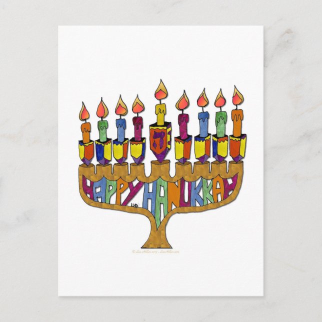 Judaica Lycklig Hanukkah Dreidel Menorah Helg Vykort (Framsida)