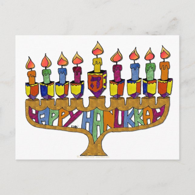 Judaica Lycklig Hanukkah Dreidel Menorah Helg Vykort (Framsida)