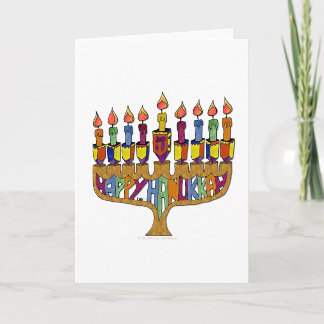 Judaica Lycklig Hanukkah Dreidel Menorah Helgkort (Framsida)