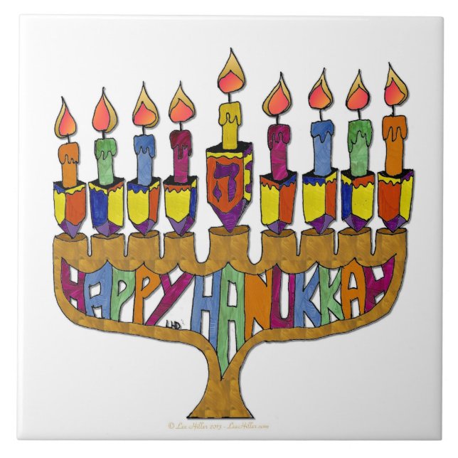 Judaica Lycklig Hanukkah Dreidel Menorah Kakelplatta (Framsidan)
