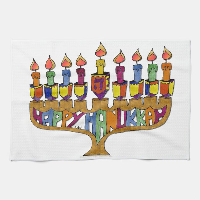 Judaica Lycklig Hanukkah Dreidel Menorah Kökshandduk (Horisontell)