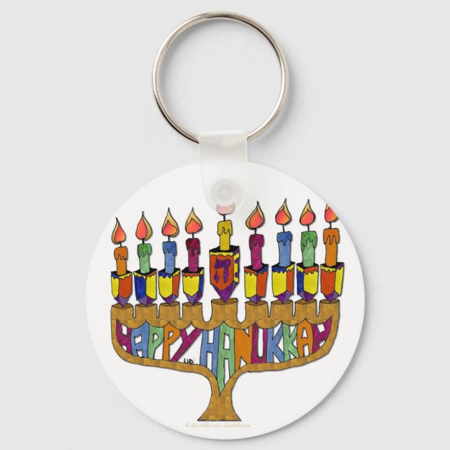 Judaica Lycklig Hanukkah Dreidel Menorah Nyckelring (Framsida)
