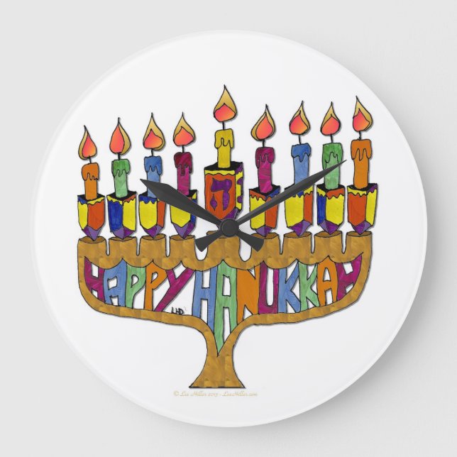 Judaica Lycklig Hanukkah Dreidel Menorah Stor Klocka (Framsida)