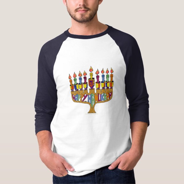 Judaica Lycklig Hanukkah Dreidel Menorah T Shirt (Framsida)