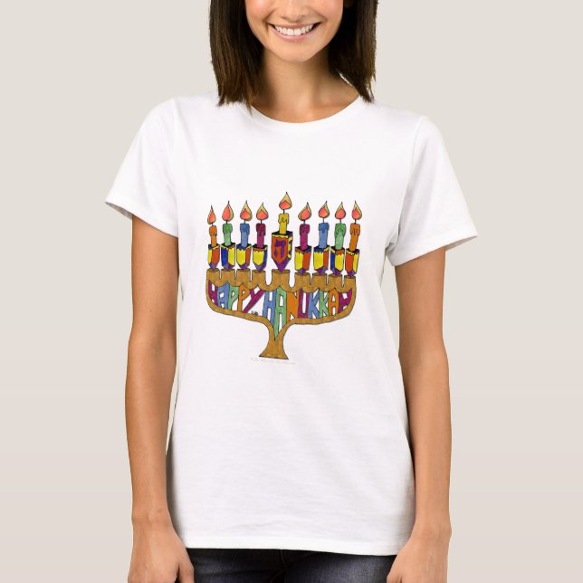 Judaica Lycklig Hanukkah Dreidel Menorah T-shirt (Framsida)