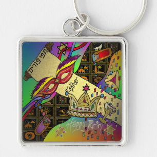 Judaica Lycklig Purim Jewish Helgdag Gifts Apparat Fyrkantig Silverfärgad Nyckelring