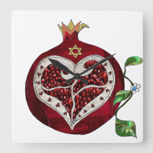 Judaica Pomegranate Heart Hanukkah Rosh Hashanah Fyrkantig Klocka