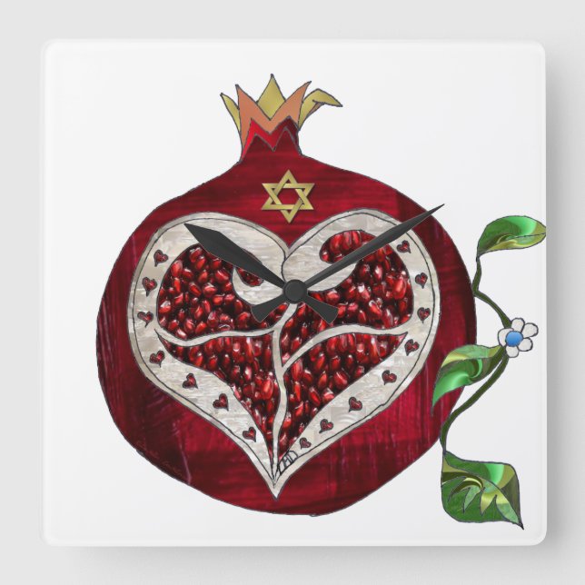 Judaica Pomegranate Heart Hanukkah Rosh Hashanah Fyrkantig Klocka (Framsida)