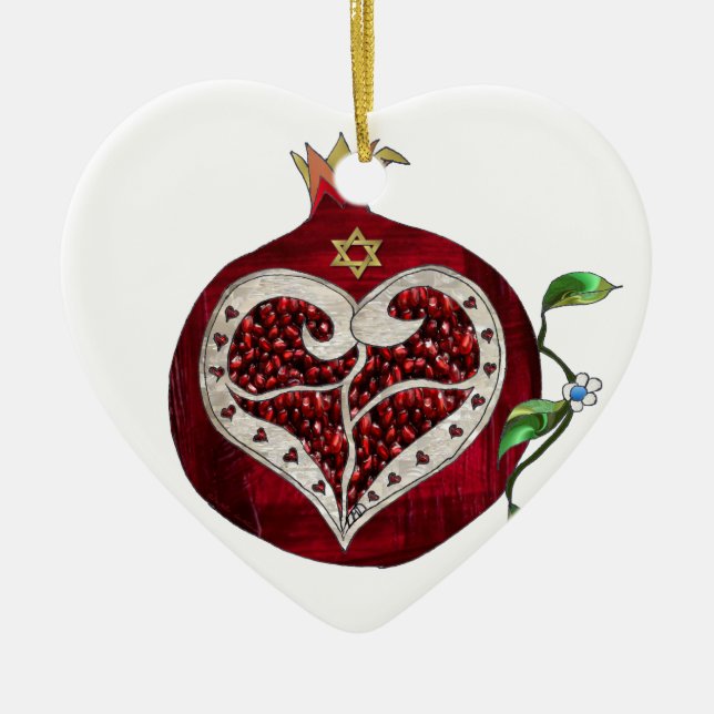 Judaica Pomegranate Heart Hanukkah Rosh Hashanah Julgransprydnad Keramik (Framsidan)
