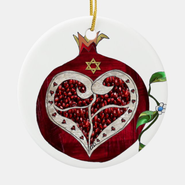 Judaica Pomegranate Heart Hanukkah Rosh Hashanah Julgransprydnad Keramik (Framsidan)
