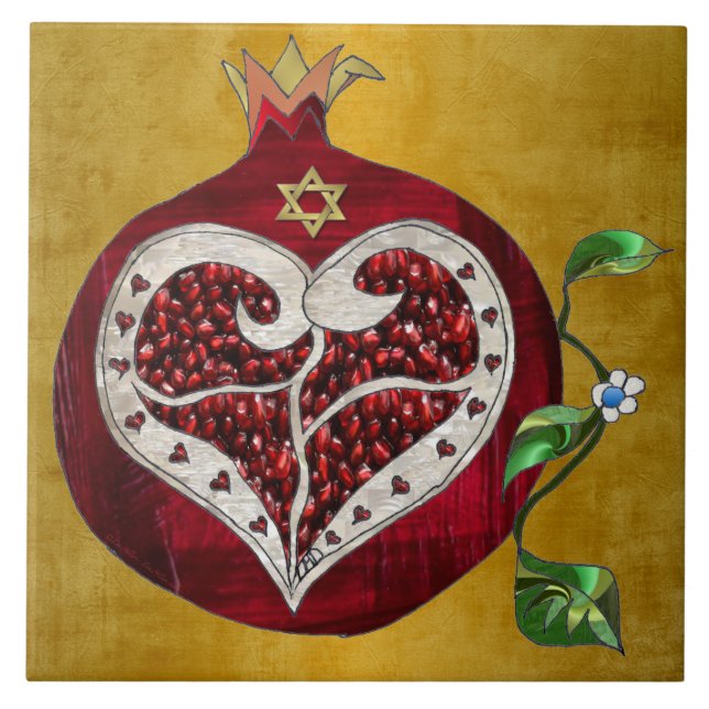 Judaica Pomegranate Heart Hanukkah Rosh Hashanah Kakelplatta (Framsidan)