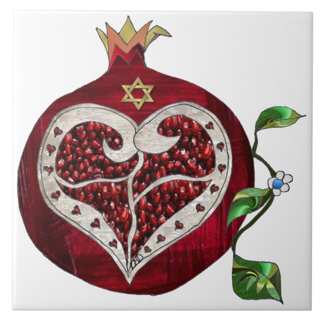 Judaica Pomegranate Heart Hanukkah Rosh Hashanah Kakelplatta (Framsidan)