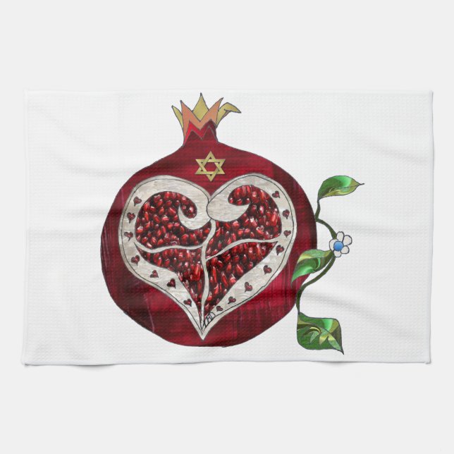 Judaica Pomegranate Heart Hanukkah Rosh Hashanah Kökshandduk (Horisontell)