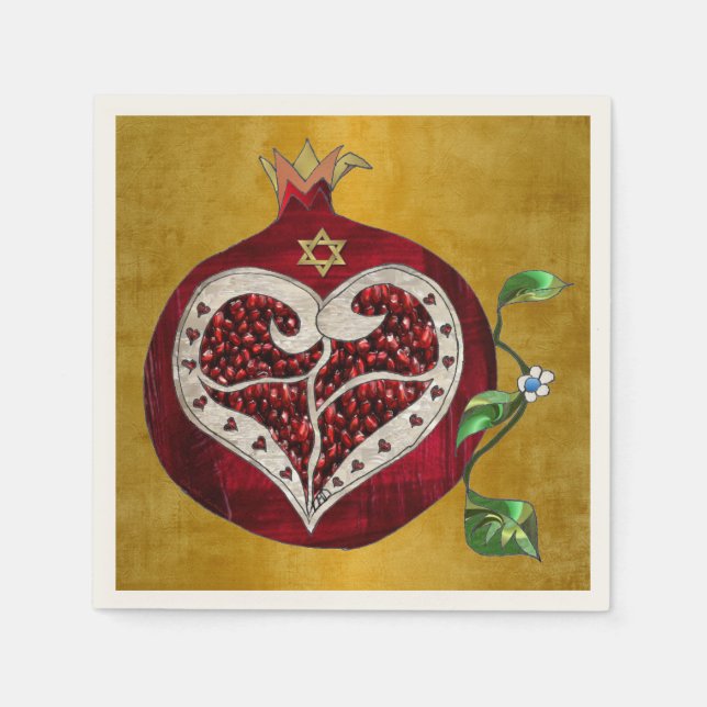 Judaica Pomegranate Heart Hanukkah Rosh Hashanah Pappersservett (Framsidan)