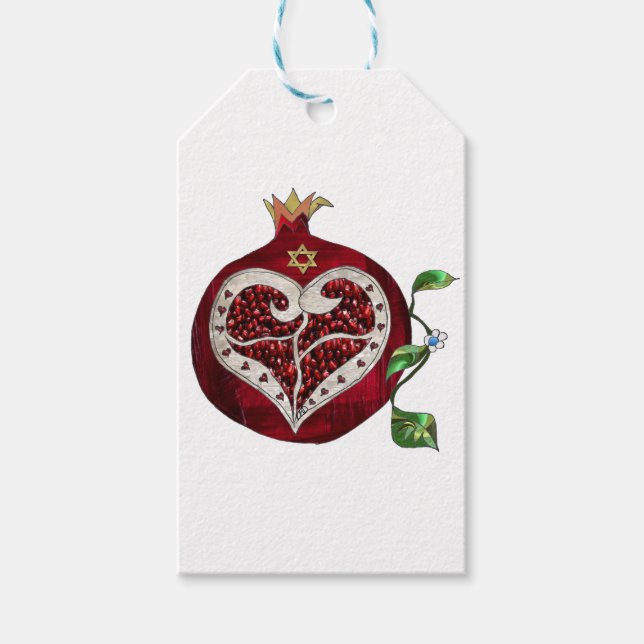 Judaica Pomegranate Heart Hanukkah Rosh Hashanah Presentetikett (Framsidan)