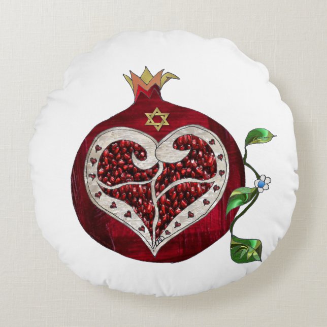Judaica Pomegranate Heart Hanukkah Rosh Hashanah Rund Kudde (Framsidan)