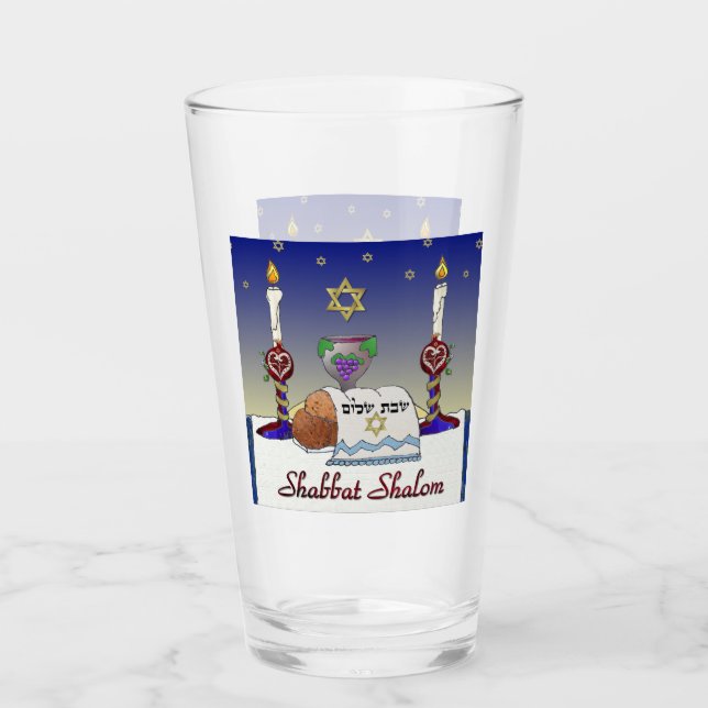 Judaica Shabbat Shalom konsttryck glas kopp (Framsida)