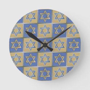 Judaica Star av David Metall Guld Blue Rund Klocka