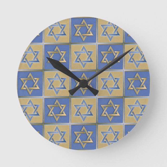 Judaica Star av David Metall Guld Blue Rund Klocka (Framsida)