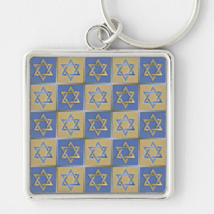 Judaica Star David Metall Guld Blue Fyrkantig Silverfärgad Nyckelring