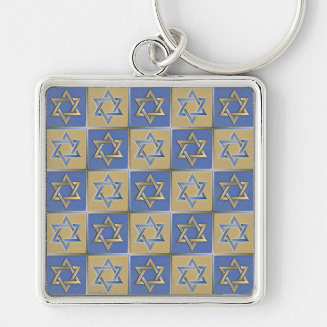 Judaica Star David Metall Guld Blue Fyrkantig Silverfärgad Nyckelring (Framsidan)