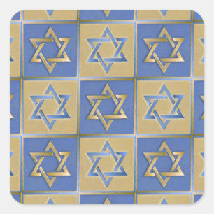 Judaica Star David Metall Guld Blue Fyrkantigt Klistermärke