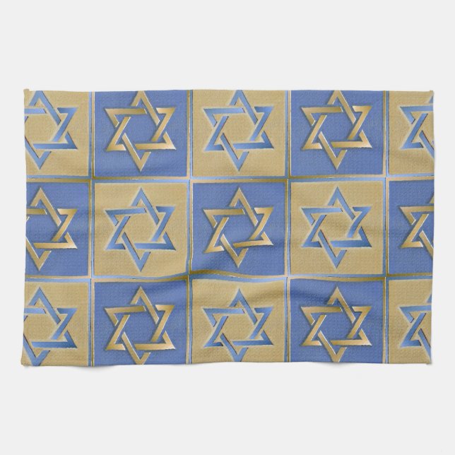 Judaica Star David Metall Guld Blue Kökshandduk (Horisontell)
