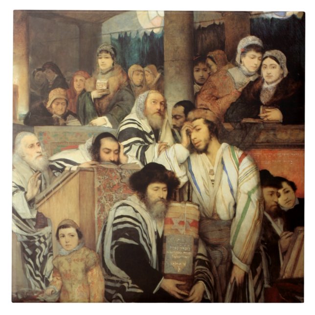 Judar Praying in the Synagogue on Yom Kippur Kakelplatta (Framsidan)