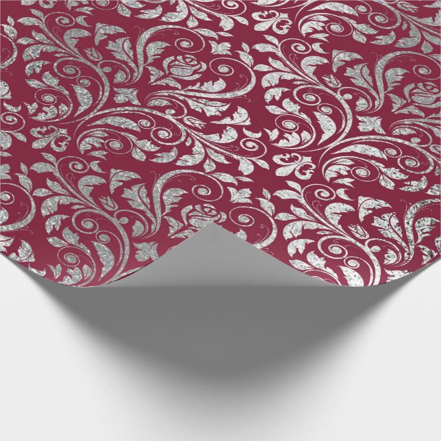 Jude Royal Damask Blommigt Maroon Burgundy Silver Presentpapper (Hörn)