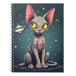 Judging Sphynx Cat UFO Space Cartoon Art Anteckningsbok
