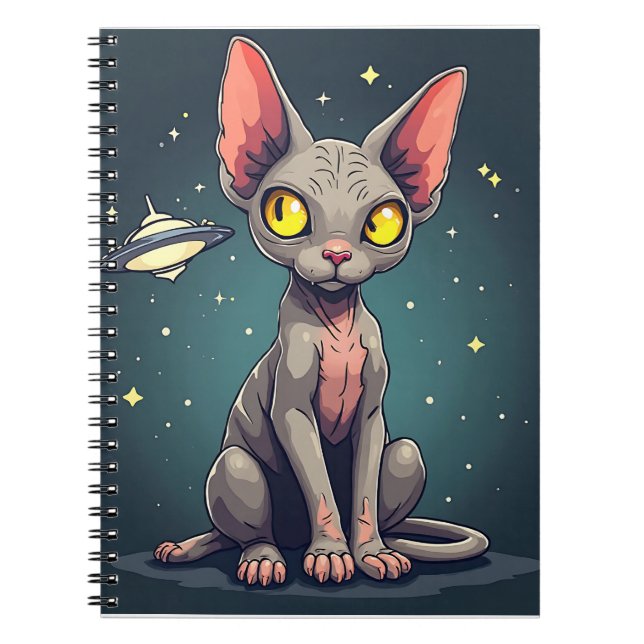 Judging Sphynx Cat UFO Space Cartoon Art Anteckningsbok (Framsidan)
