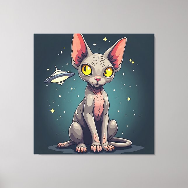 Judging Sphynx Cat UFO Space Cartoon Art Canvastryck (Framsida)