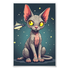 Judging Sphynx Cat UFO Space Cartoon Art Fototryck