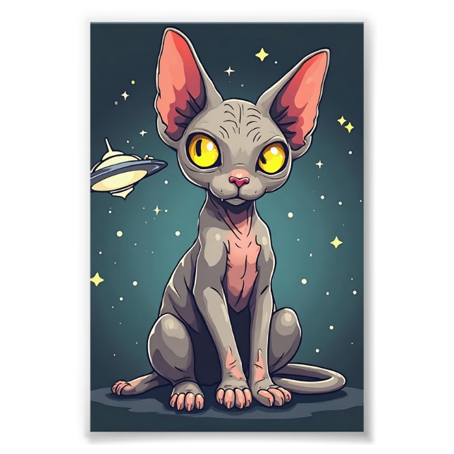 Judging Sphynx Cat UFO Space Cartoon Art Fototryck (Framsidan)