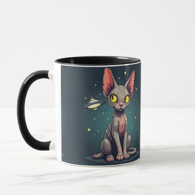 Judging Sphynx Cat UFO Space Cartoon Art Mugg (Vänster)
