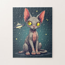 Judging Sphynx Cat UFO Space Cartoon Art Pussel