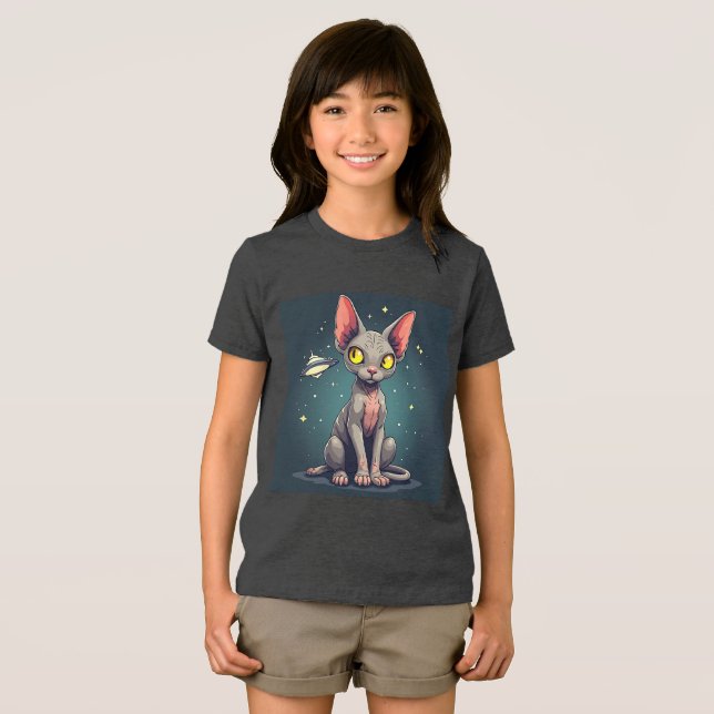 Judging Sphynx Cat UFO Space Cartoon Art T Shirt (Framsida Full)