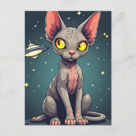 Judging Sphynx Cat UFO Space Cartoon Art Vykort