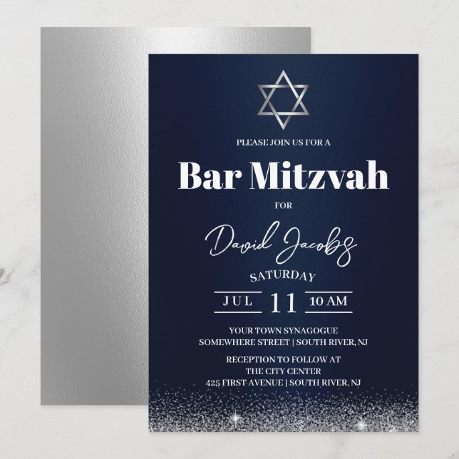 Judisk Bar Mitzvah Davidsstjärna Modern Navyblå Inbjudningar (Fram/baksida)