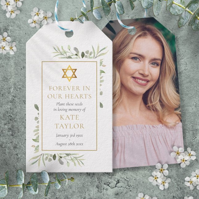 Judisk begravning grönska fröpaket foto presentetikett (Greenery Jewish Funeral Seed Packet Photo Gift Tags)