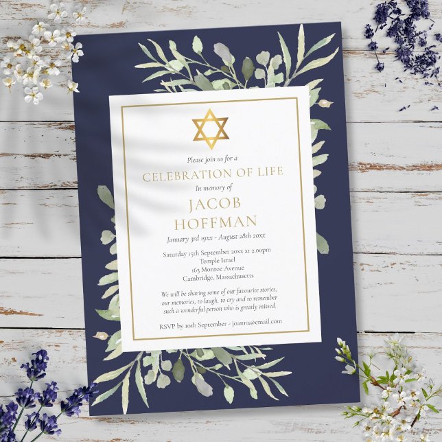 Judisk begravningsfirande av liv Grönska Blå Inbjudningar (Jewish Funeral Celebration of Life Greenery Blue Invitation)