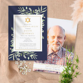 Judisk firande av livet Marinblå blad Foto Inbjudningar