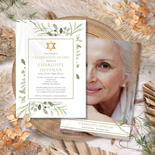 Judisk firande av livets slutskede Foto Inbjudningar (Jewish Celebration of Life Funeral Greenery Photo Invitation)