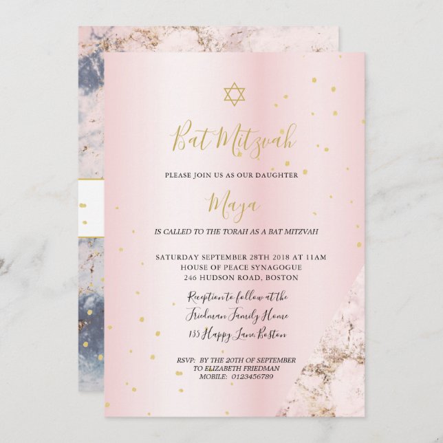 judisk inbjudan till Bat mitzvah Rosa Guld Hebrew (Fram/baksida)
