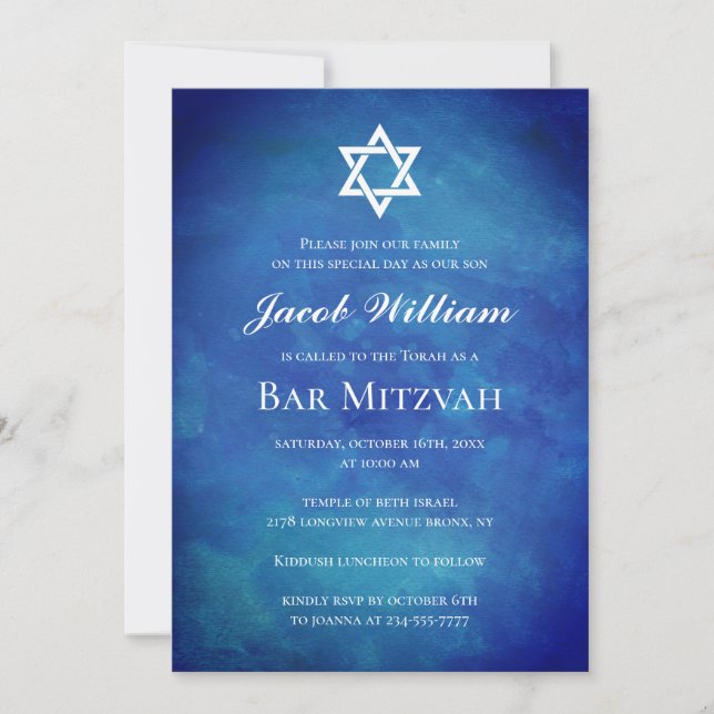judisk inbjudan till Pub Mitzvah Blue Watercolor (Framsida)