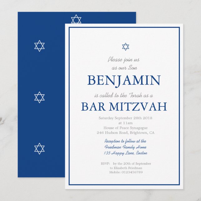 judisk inbjudan till Pub Mitzvah-marinblå hebreisk (Fram/baksida)